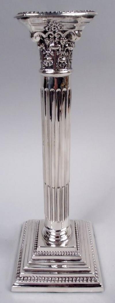  Moses Salkind Co Pair of English Neoclassical Sterling Silver Column Candlesticks 1933