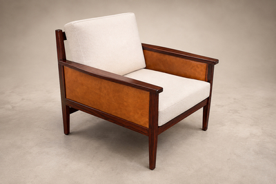  Moveis Fatima Brazilian Modern Armchair in Rosewood Leather Linen Fatima 1960s