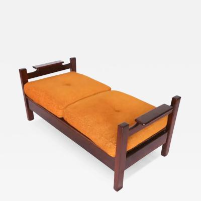  Moveis Fatima Brazilian Modern Bench in Hardwood Orange Cushions by Fatima 1960s Brazil