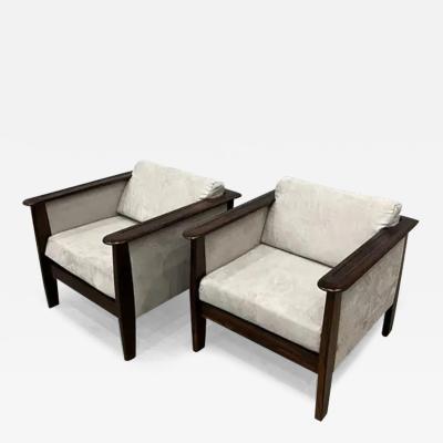  Moveis Fatima Mid Century Modern Pair of Armchairs in Hardwood Gray fabric Fatima c 1960