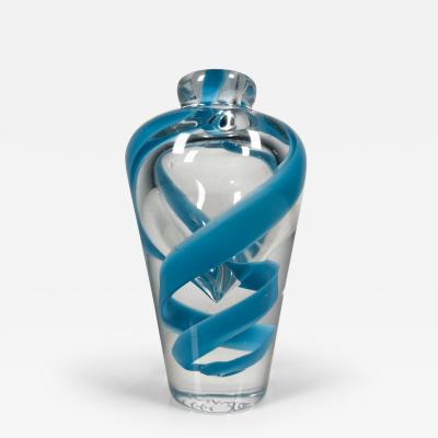  Murano Glass 1990s Blue Ribbon Italian Art Glass Murano Swirl Vase signed