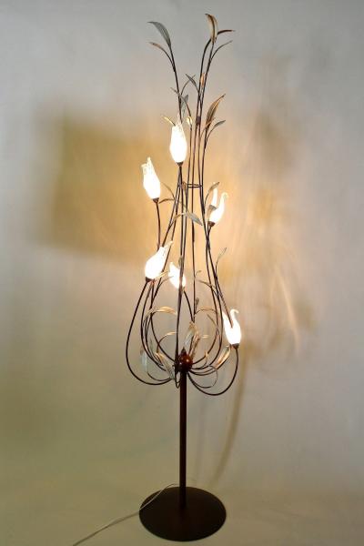  Murano Glass 20th Century Murano Glass Swan Floor Lamp Painted Reed Leaves IT circa 1970