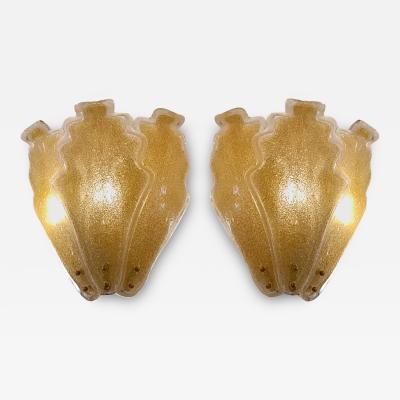  Murano Glass Pair of Murano Glass Oak Leaf shaped Gold Dust Wall Lights