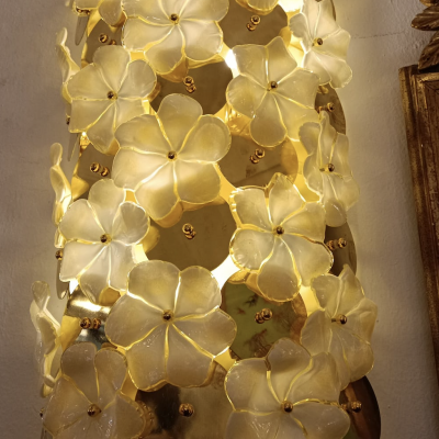  Murano Glass Pair of White Gardenia Flowers Murano Wall Lights