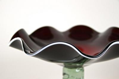  Murano Glass Sommerso 20th Century Dark Red Murano Glass Bowl Centerpiece With Green Base ca 1970