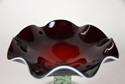  Murano Glass Sommerso 20th Century Dark Red Murano Glass Bowl Centerpiece With Green Base ca 1970