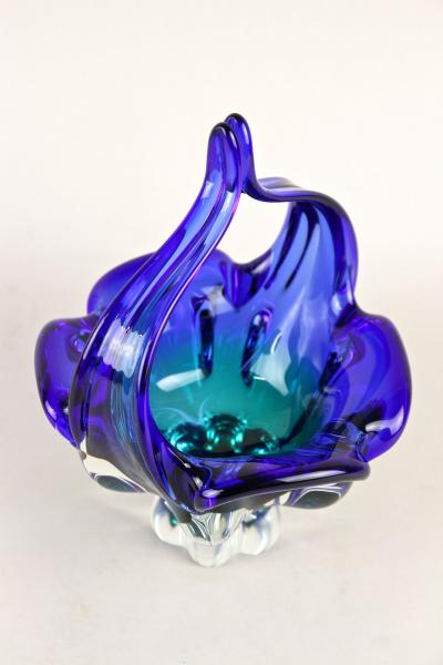  Murano Glass Sommerso Blue Murano Glass Basket Bowl With Curved Handles Mid Century IT ca 1960