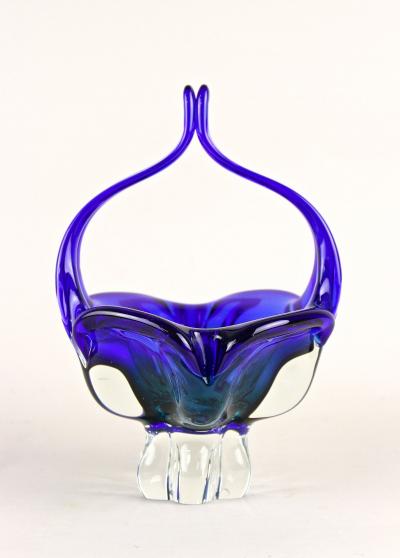  Murano Glass Sommerso Blue Murano Glass Basket Bowl With Curved Handles Mid Century IT ca 1960