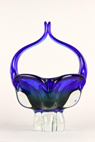  Murano Glass Sommerso Blue Murano Glass Basket Bowl With Curved Handles Mid Century IT ca 1960