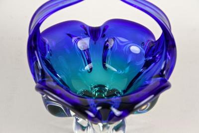  Murano Glass Sommerso Blue Murano Glass Basket Bowl With Curved Handles Mid Century IT ca 1960