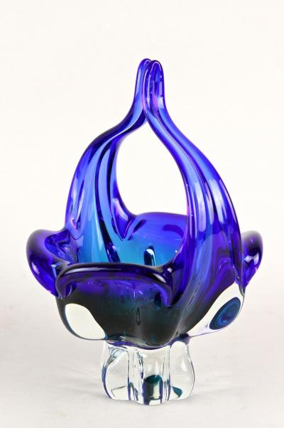  Murano Glass Sommerso Blue Murano Glass Basket Bowl With Curved Handles Mid Century IT ca 1960