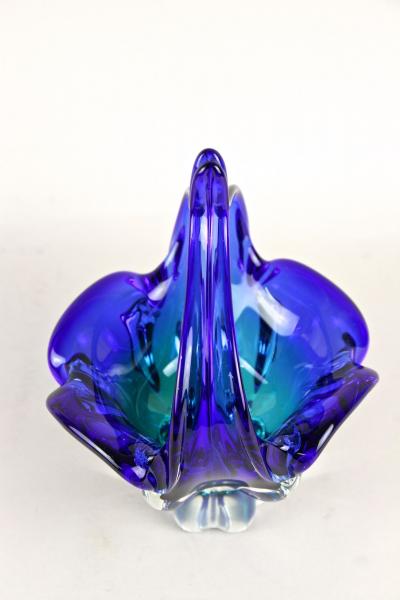  Murano Glass Sommerso Blue Murano Glass Basket Bowl With Curved Handles Mid Century IT ca 1960