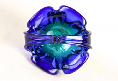  Murano Glass Sommerso Blue Murano Glass Basket Bowl With Curved Handles Mid Century IT ca 1960