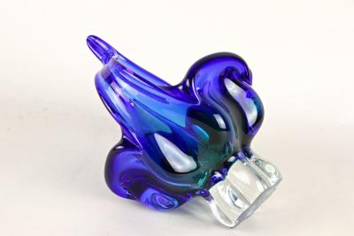  Murano Glass Sommerso Blue Murano Glass Basket Bowl With Curved Handles Mid Century IT ca 1960