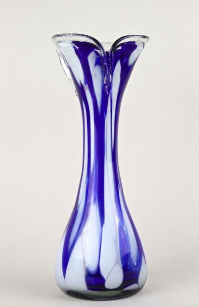  Murano Glass Sommerso Mid Century Dark Blue White Murano Glass Vase Italy ca 1970