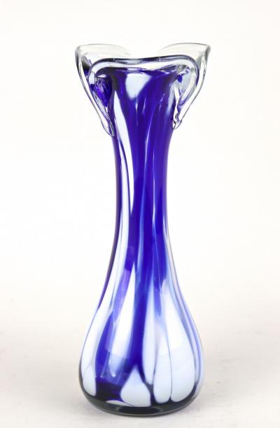  Murano Glass Sommerso Mid Century Dark Blue White Murano Glass Vase Italy ca 1970