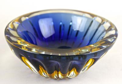  Murano Glass Sommerso Mid Century Murano Glass Bowl Dark Blue Amber Italy ca 1960