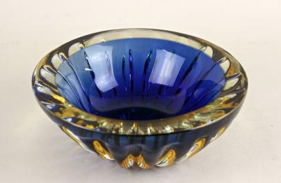  Murano Glass Sommerso Mid Century Murano Glass Bowl Dark Blue Amber Italy ca 1960