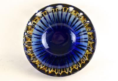  Murano Glass Sommerso Mid Century Murano Glass Bowl Dark Blue Amber Italy ca 1960