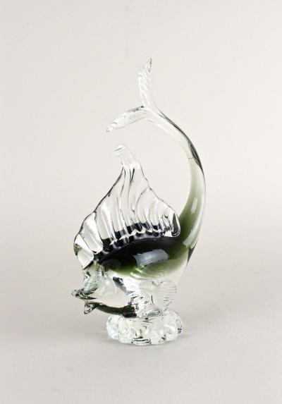  Murano Glass Sommerso Murano Glass Fish Sculpture Olive Green Clear Glass Italy circa 1970