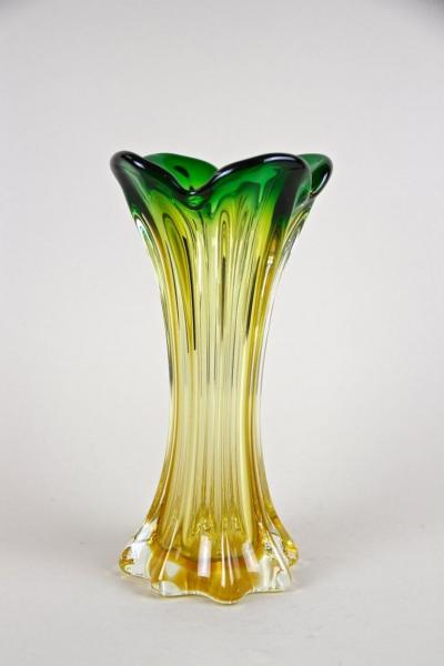  Murano Glass Sommerso Murano Glass Vase Mid Century Green Yellow Italy circa 1960 70