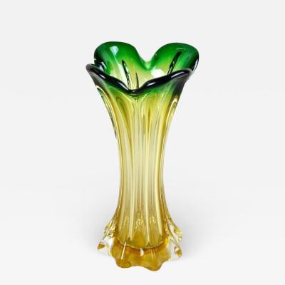  Murano Glass Sommerso Murano Glass Vase Mid Century Green Yellow Italy circa 1960 70