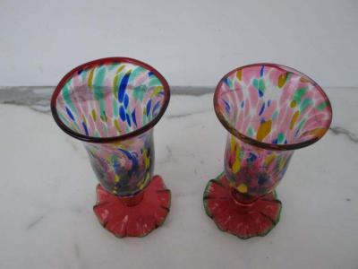  Murano Glass Sommerso Pair of Multicolored Murano Goblets Glasses with Fazzoletto Base