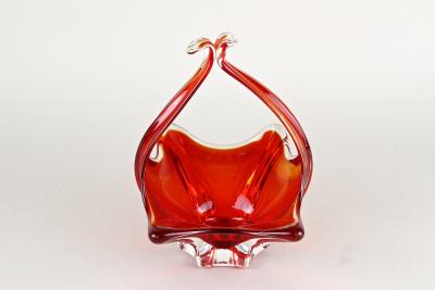  Murano Glass Sommerso Red Amber Colored Murano Glass Basket Bowl With Handles Italy ca 1960