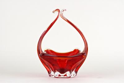  Murano Glass Sommerso Red Amber Colored Murano Glass Basket Bowl With Handles Italy ca 1960