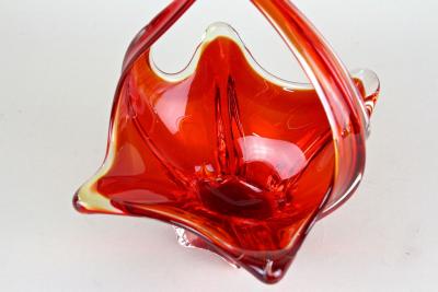  Murano Glass Sommerso Red Amber Colored Murano Glass Basket Bowl With Handles Italy ca 1960