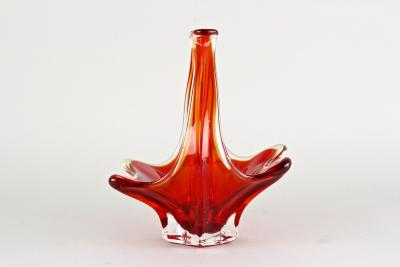  Murano Glass Sommerso Red Amber Colored Murano Glass Basket Bowl With Handles Italy ca 1960
