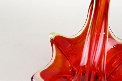  Murano Glass Sommerso Red Amber Colored Murano Glass Basket Bowl With Handles Italy ca 1960