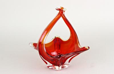  Murano Glass Sommerso Red Amber Colored Murano Glass Basket Bowl With Handles Italy ca 1960