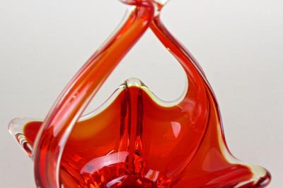  Murano Glass Sommerso Red Amber Colored Murano Glass Basket Bowl With Handles Italy ca 1960