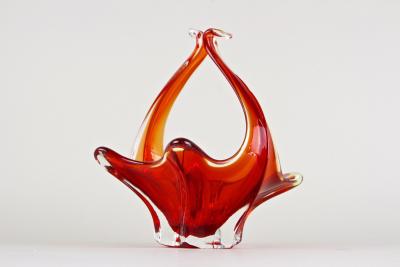  Murano Glass Sommerso Red Amber Colored Murano Glass Basket Bowl With Handles Italy ca 1960