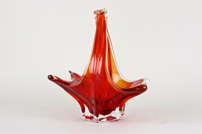  Murano Glass Sommerso Red Amber Colored Murano Glass Basket Bowl With Handles Italy ca 1960