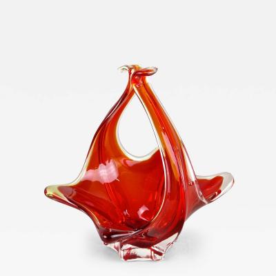  Murano Glass Sommerso Red Amber Colored Murano Glass Basket Bowl With Handles Italy ca 1960