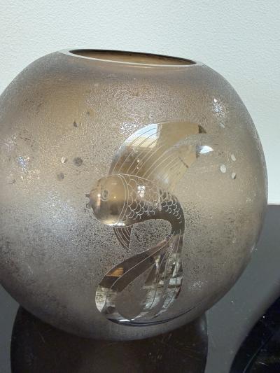 Murano Italian Smoky Murano Glass Vase with Etched Fish Motif 1970s
