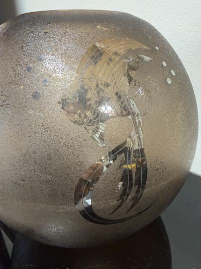  Murano Italian Smoky Murano Glass Vase with Etched Fish Motif 1970s