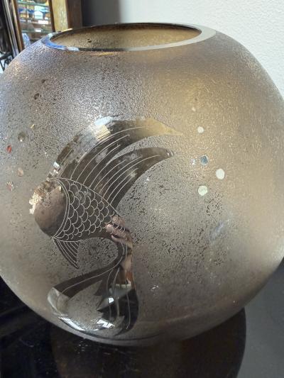  Murano Italian Smoky Murano Glass Vase with Etched Fish Motif 1970s