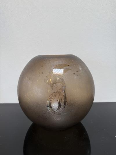  Murano Italian Smoky Murano Glass Vase with Etched Fish Motif 1970s