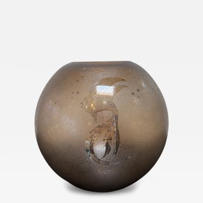  Murano Italian Smoky Murano Glass Vase with Etched Fish Motif 1970s