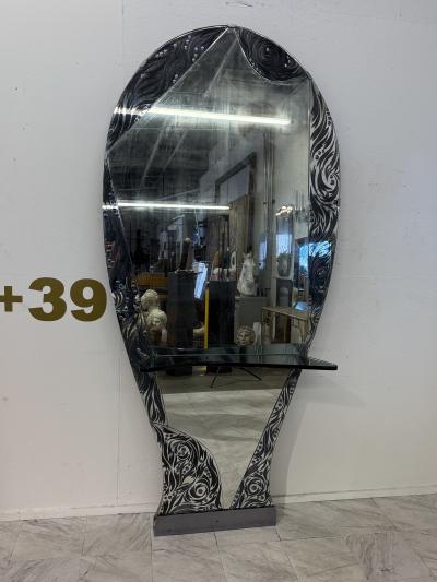  Murano Murano Etched Glass Floor Mirror with Integrated Console Shelf 1950s