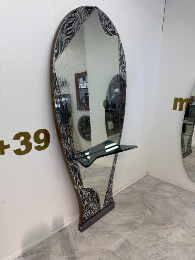  Murano Murano Etched Glass Floor Mirror with Integrated Console Shelf 1950s