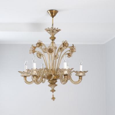  Murano Stunning Mid Century Fume Floral Six Arm Murano Glass Chandelier