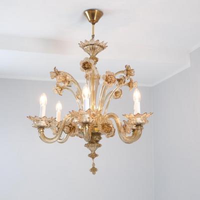  Murano Stunning Mid Century Fume Floral Six Arm Murano Glass Chandelier