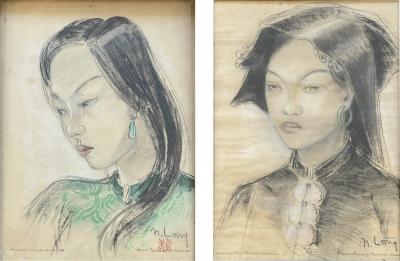  N guyen Phan Long Superb pair of drawings on paper depicting two young girls