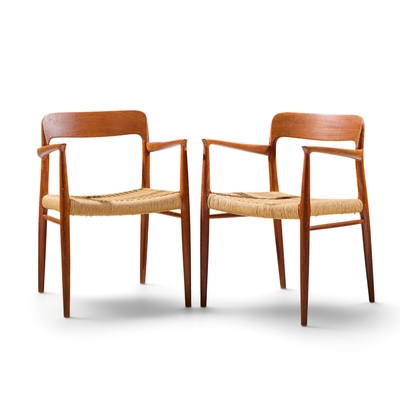  NIELS O MOLLER Niels Moller Model 57 Mid Century Danish Teak and Rope Captains Chairs Pair