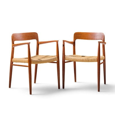  NIELS O MOLLER Niels Moller Model 57 Mid Century Danish Teak and Rope Captains Chairs Pair