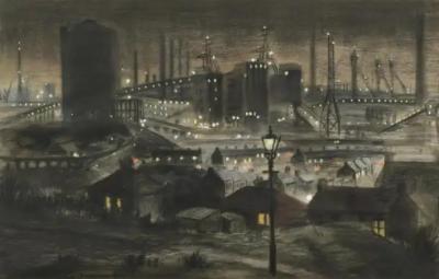  Nan Youngman Industrial Steel Plant at Night Port Talbot Mid Century like L S Lowry